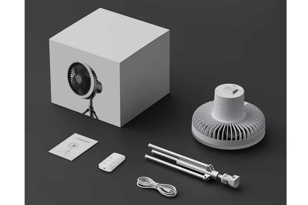 tripod fan with white box