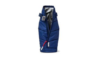 A navy blue insulated puffer wine sleeve shown from the front on a clean white background, featuring a silver reflective interior lining and a small red zipper pull accent.