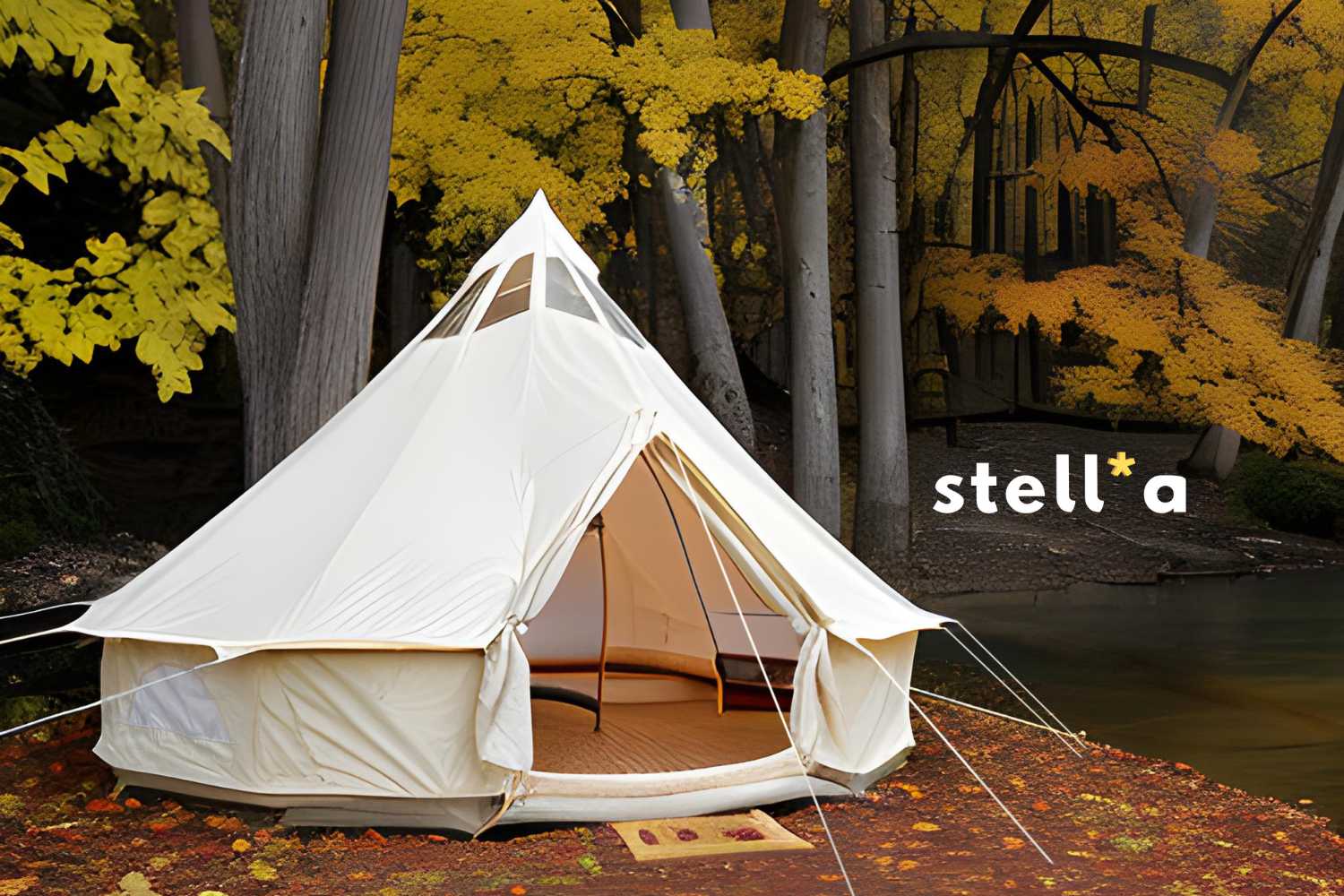 stargazer tent near a river in the fall