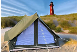 a-frame tent on beach near lighthouse